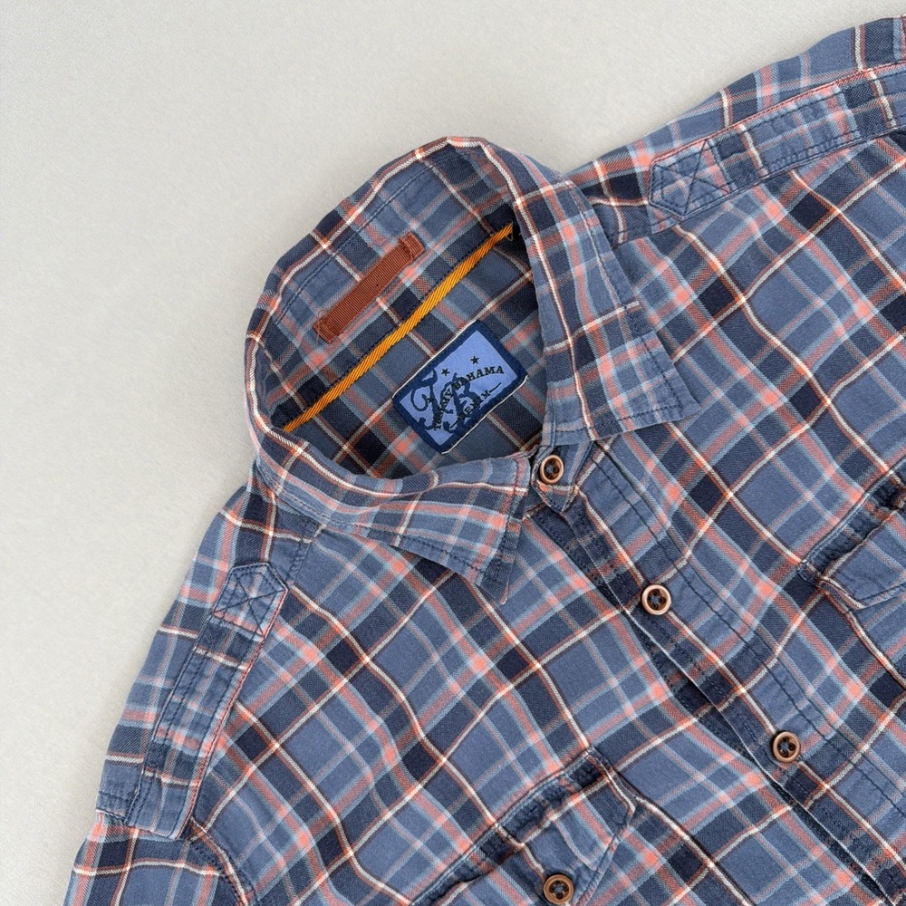 Tommy Bahama Mens Large Plaid Button Down Shirt Blue Orange Long Sleeve